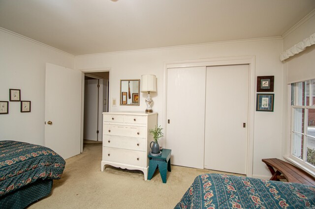 carpeted bedroom with a closet and ornamental molding