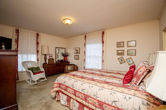 bedroom with ornamental molding and carpet