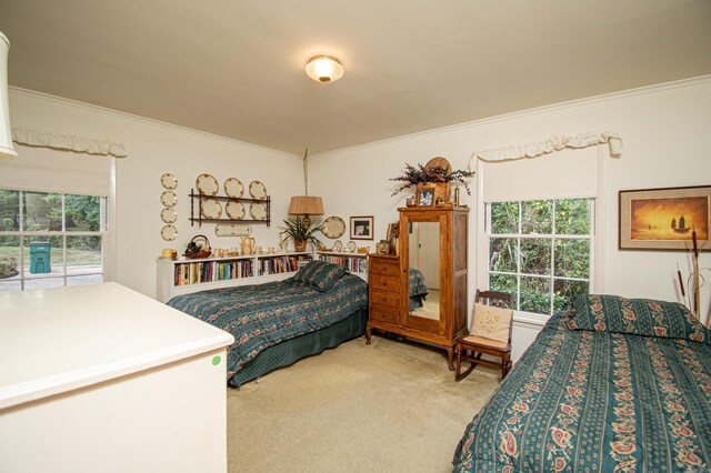 bedroom with light colored carpet and crown molding