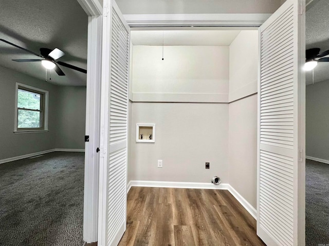 clothes washing area featuring hardwood / wood-style floors, ceiling fan, a textured ceiling, and hookup for a washing machine