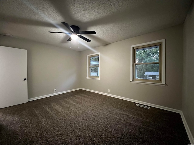 carpeted spare room featuring ceiling fan, a wealth of natural light, and a textured ceiling