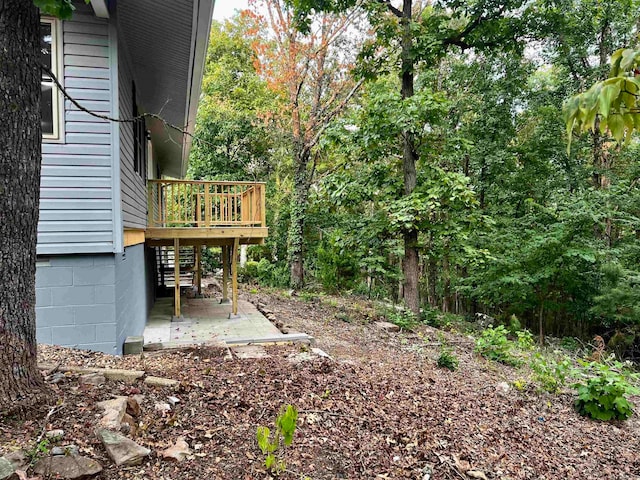 view of yard featuring a patio area and a wooden deck