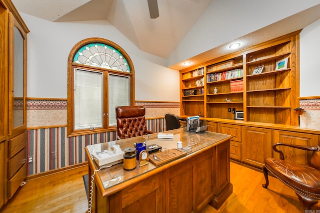 office area with light hardwood / wood-style floors, a textured ceiling, and vaulted ceiling