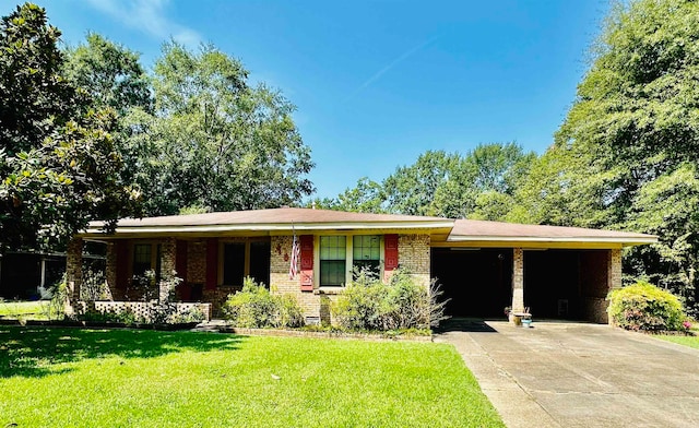 ranch-style house with a porch, a carport, and a front lawn