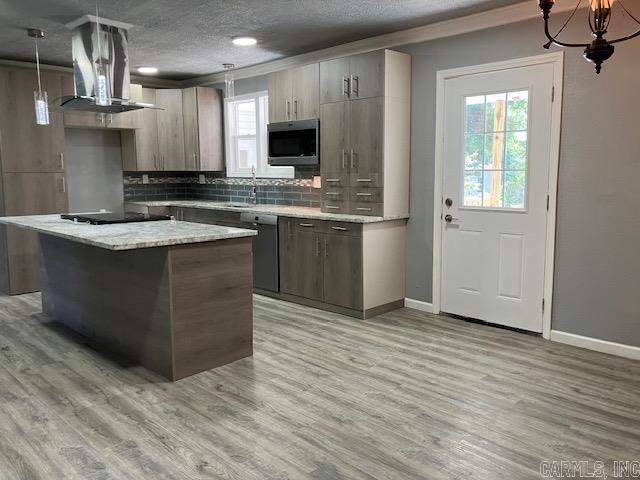 kitchen featuring black electric cooktop, island range hood, light wood-style floors, dishwasher, and stainless steel microwave