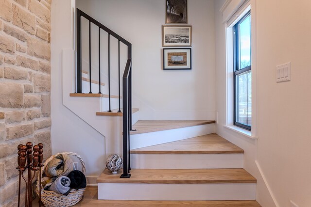 staircase featuring wood-type flooring and a healthy amount of sunlight