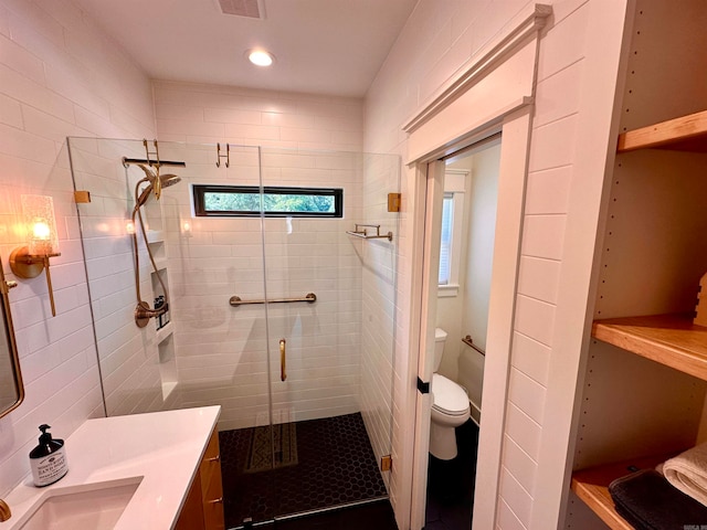 bathroom with vanity, toilet, and an enclosed shower