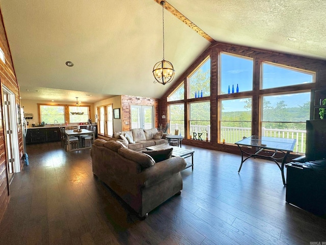 living room featuring a textured ceiling, high vaulted ceiling, an inviting chandelier, and dark hardwood / wood-style floors