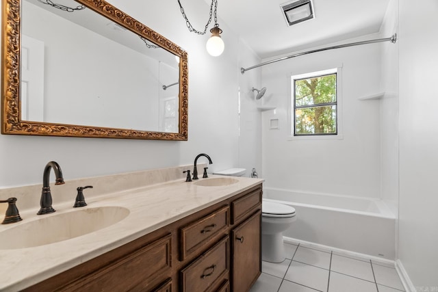 full bathroom featuring tile patterned flooring, toilet, shower / washtub combination, and vanity