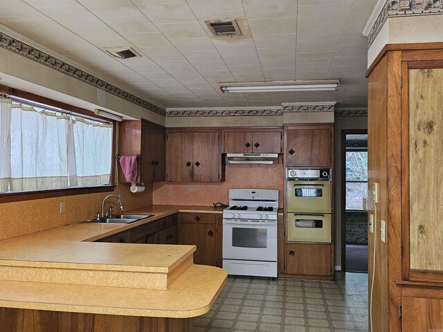 kitchen featuring white appliances, kitchen peninsula, and sink