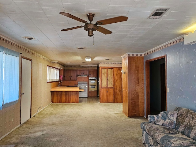 carpeted living room with ceiling fan