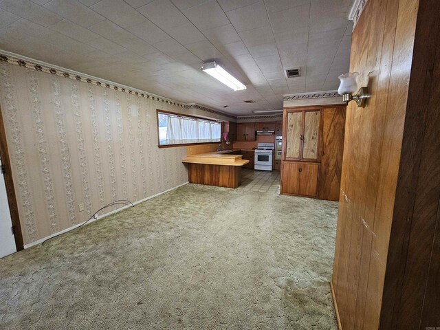 interior space with light colored carpet, a kitchen bar, white gas stove, and kitchen peninsula