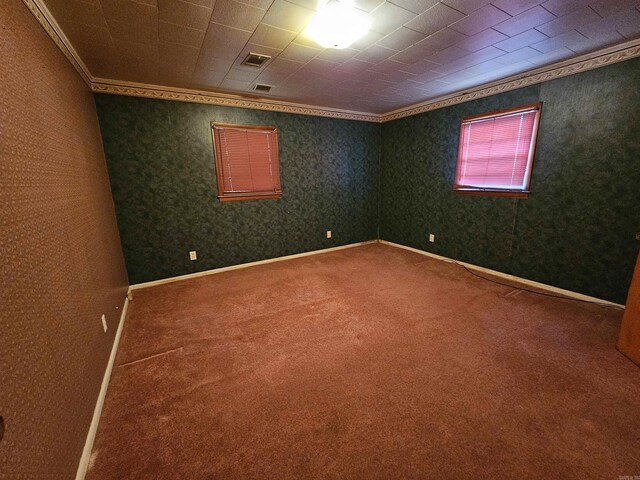 spare room with crown molding and carpet floors