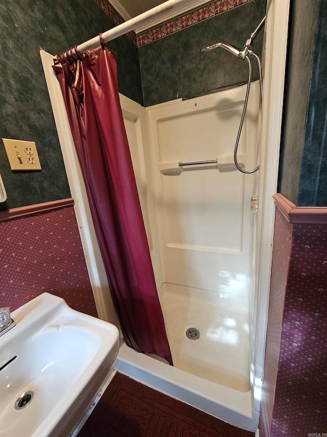 bathroom with a shower with curtain and sink