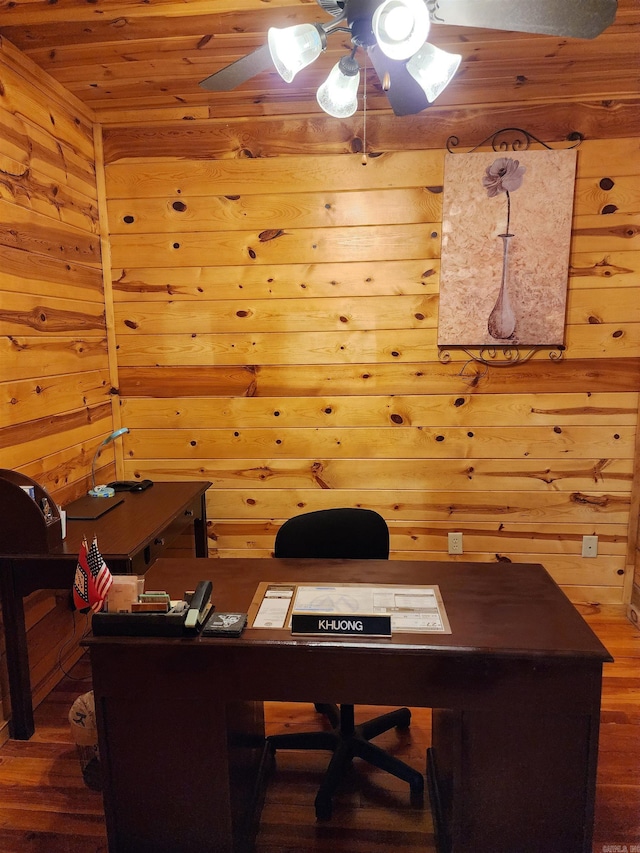 office area featuring hardwood / wood-style flooring, ceiling fan, and wooden walls