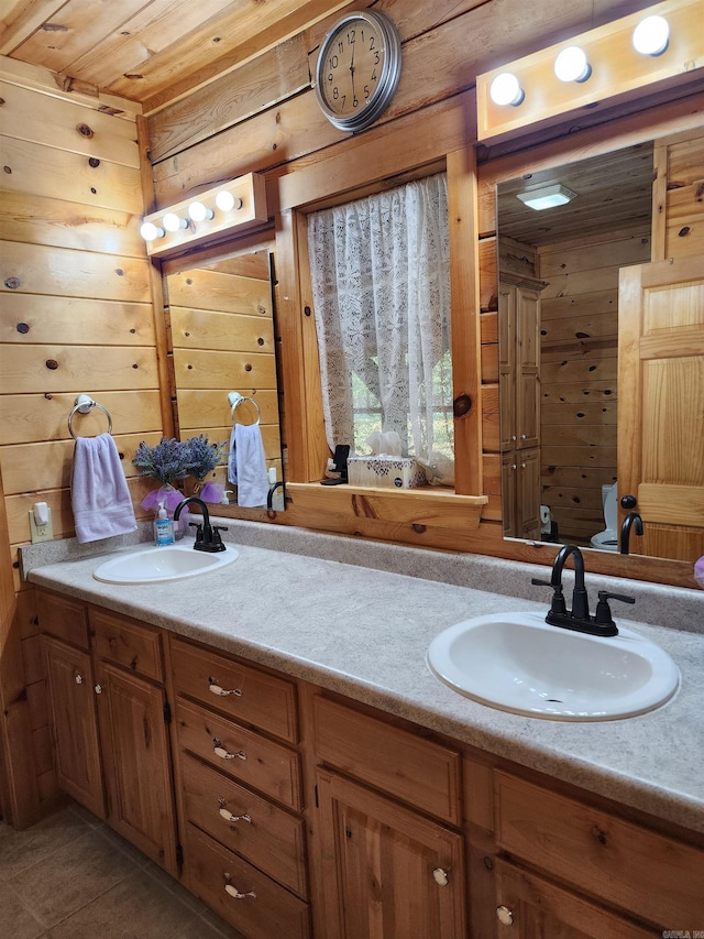 bathroom with vanity, wood walls, and wood ceiling