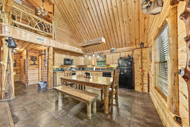 dining area with wood ceiling, high vaulted ceiling, sink, and a barn door