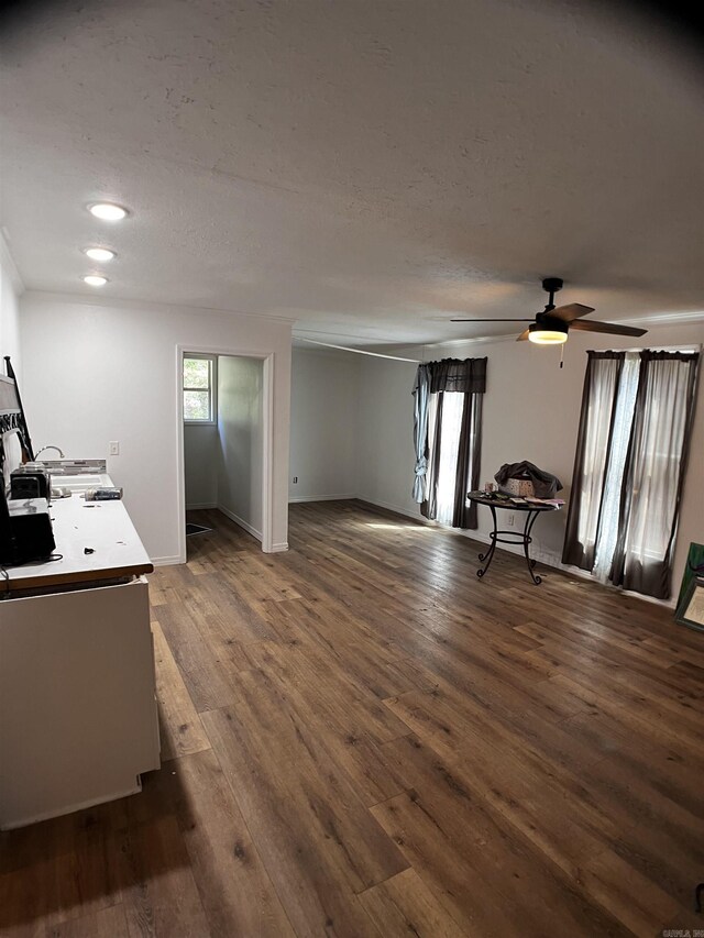 interior space featuring a textured ceiling, ceiling fan, and wood-type flooring