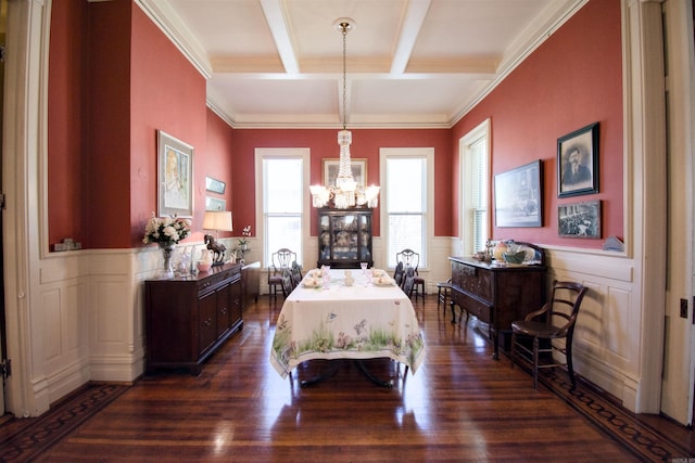 dining space with ornamental molding, beamed ceiling, a chandelier, and dark hardwood / wood-style floors