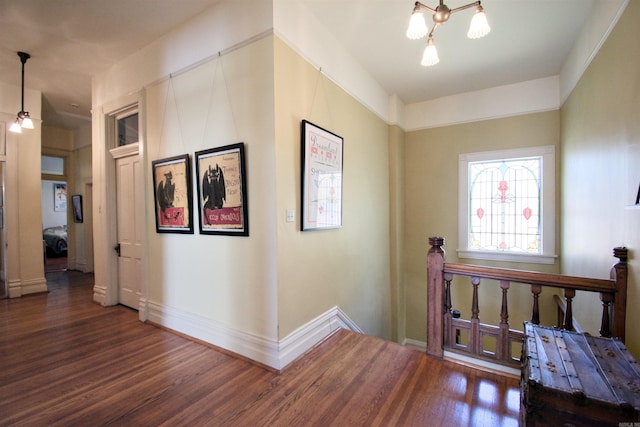 foyer featuring dark wood-type flooring and a chandelier