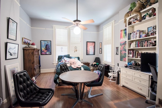 office space featuring hardwood / wood-style floors and ceiling fan