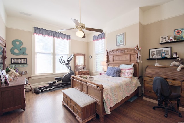 bedroom with dark wood-type flooring and ceiling fan