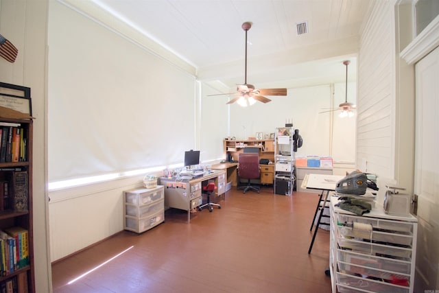 home office with hardwood / wood-style flooring and ceiling fan