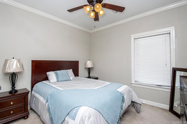 bedroom with light carpet, crown molding, and ceiling fan