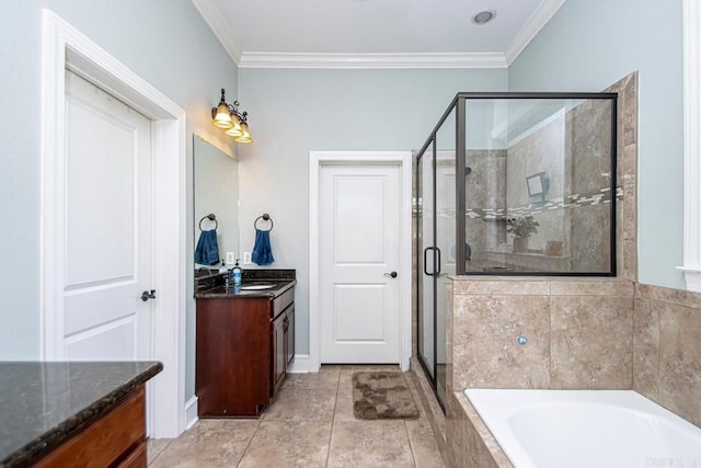 bathroom featuring crown molding, vanity, tile patterned floors, and plus walk in shower