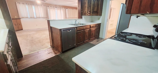 kitchen with black range with electric cooktop, dishwasher, dark hardwood / wood-style flooring, and sink