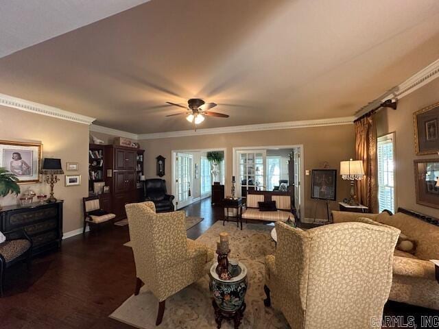 living room featuring ornamental molding, french doors, wood-type flooring, and ceiling fan