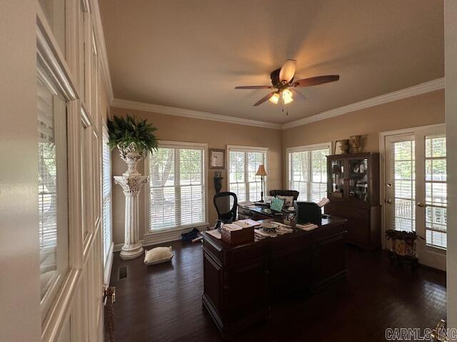 office area with visible vents, dark wood-type flooring, a ceiling fan, and ornamental molding