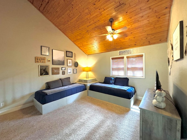 carpeted living room with wooden ceiling, vaulted ceiling, and ceiling fan