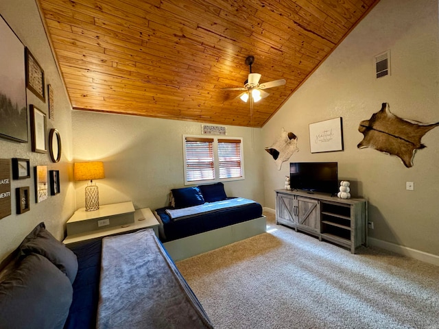 living room featuring wood ceiling, vaulted ceiling, ceiling fan, and carpet flooring