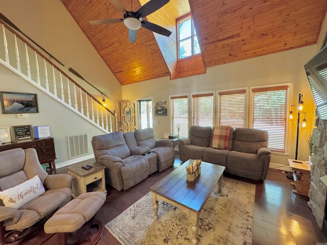 living room with wood ceiling, ceiling fan, dark hardwood / wood-style floors, and high vaulted ceiling