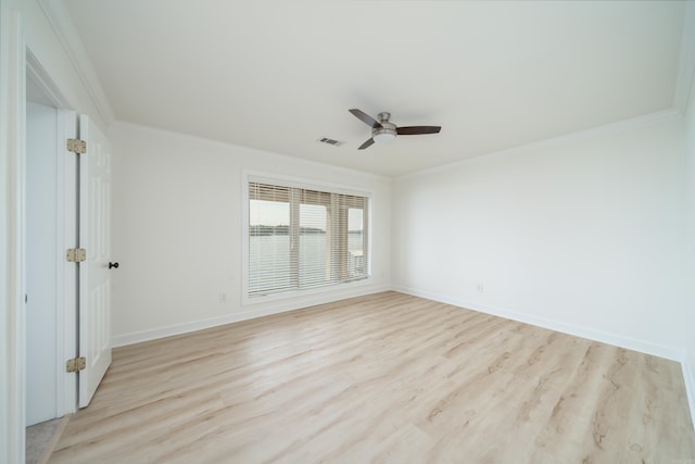 interior space featuring crown molding, light hardwood / wood-style flooring, and ceiling fan