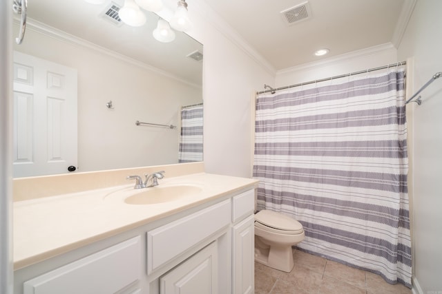 bathroom with vanity, a shower with shower curtain, crown molding, toilet, and tile patterned floors