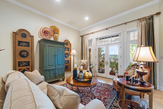 living room with ornamental molding, french doors, and light tile patterned floors