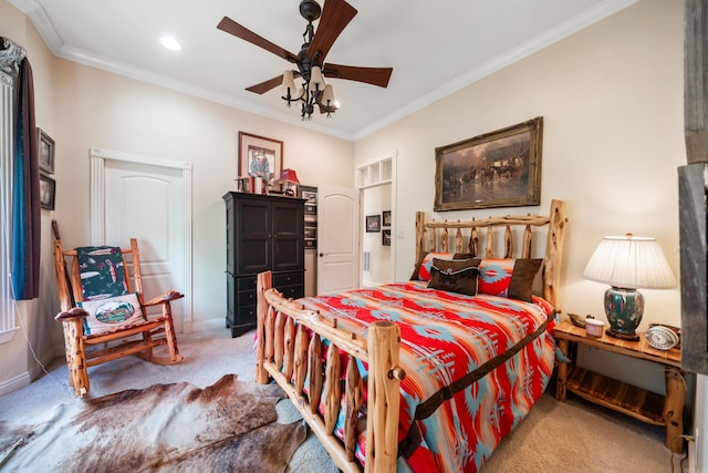 bedroom with light colored carpet, ceiling fan, and ornamental molding