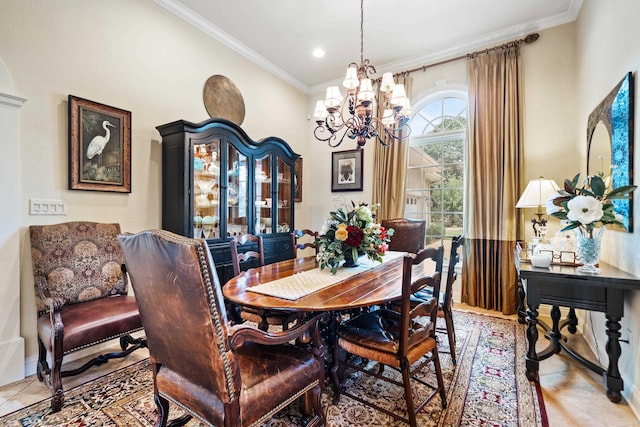 tiled dining space featuring crown molding and a chandelier