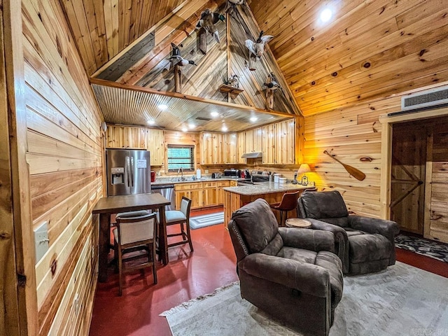 living room featuring sink, high vaulted ceiling, wooden ceiling, and wooden walls