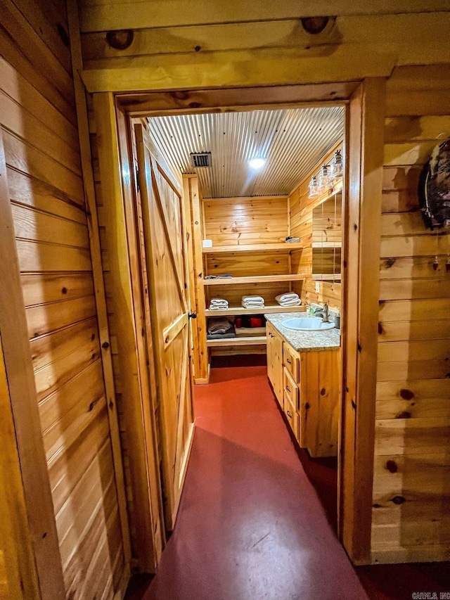 interior space with vanity and wood walls