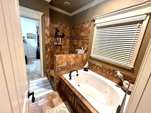 bathroom with crown molding and separate shower and tub