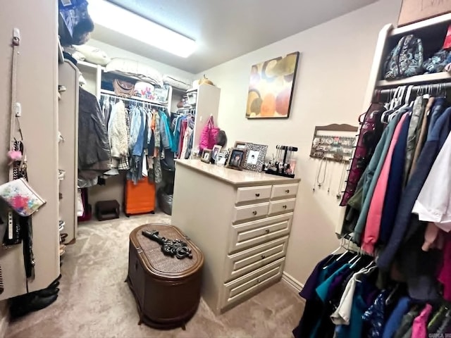 walk in closet with light carpet