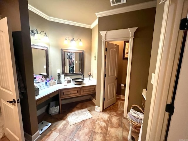 bathroom with vanity and crown molding