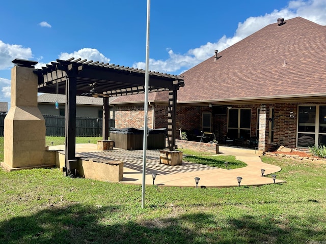 exterior space featuring a patio area, a lawn, and a pergola