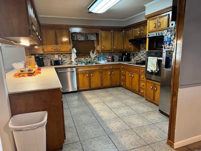 kitchen with crown molding, stainless steel appliances, range hood, sink, and decorative backsplash