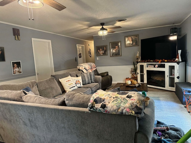 living room with ceiling fan, crown molding, and a textured ceiling