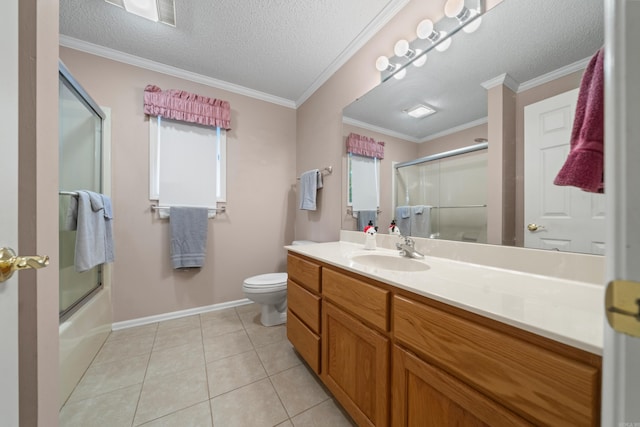 full bath featuring tile patterned floors, toilet, crown molding, and a textured ceiling