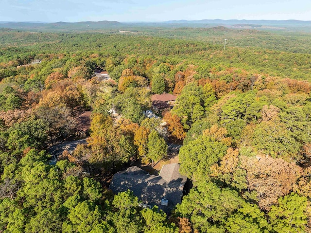 birds eye view of property featuring a mountain view and a view of trees